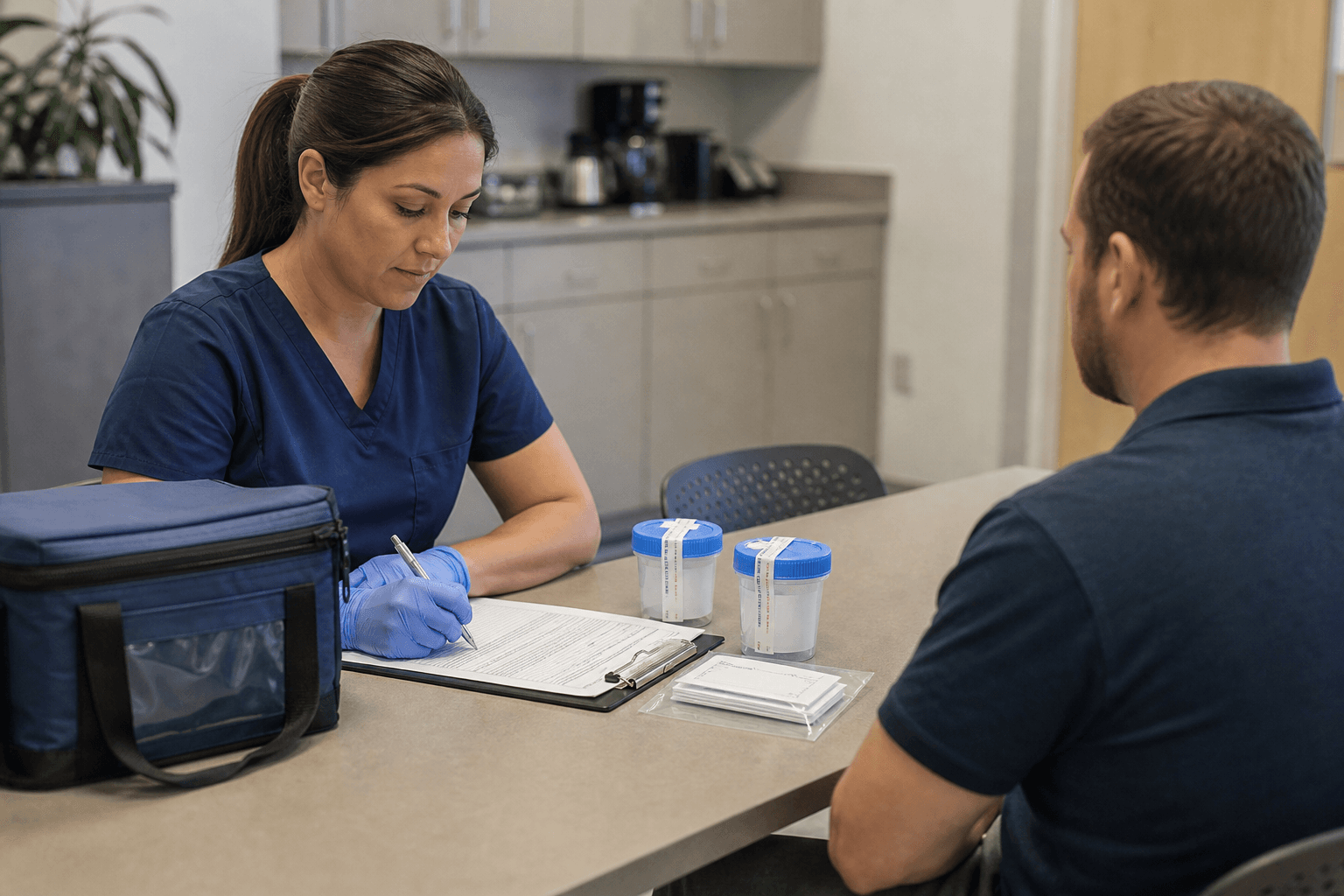 Collector preparing workplace drug screen materials at an office table